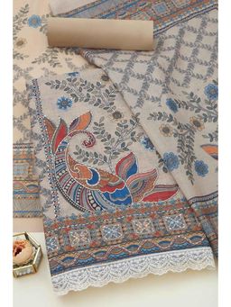 Soch - Womens Thread Work Beige Linen Botanical Print Unstitch Dress Material