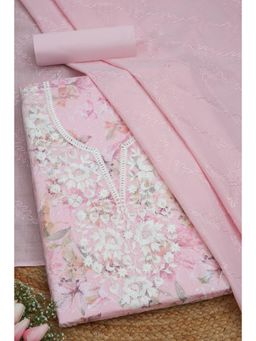 Soch - Womens Thread Work Pink Cotton Floral Print Unstiched Dress Material