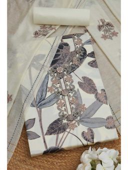 Soch - Womens Thread Work Cream Jam Cotton Botanical Print Unstiched Dress Material