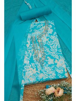 Soch - Womens Zardosi Turquoise Jam Cotton Floral Print Unstitch Dress Material