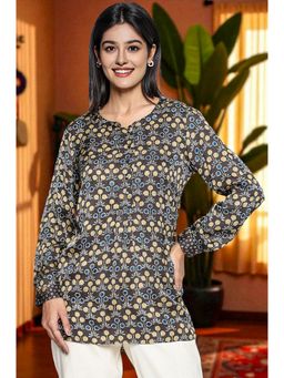 Folksong - Womens Black Printed Modal Satin Straight Top