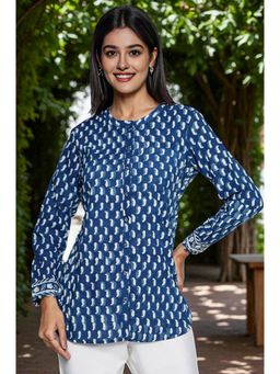 Folksong - Womens Indigo Printed Pure Cotton Straight Top