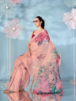 Tikhi Imli - Peach Designer Animal Print Organza Saree with Unstitched Blouse