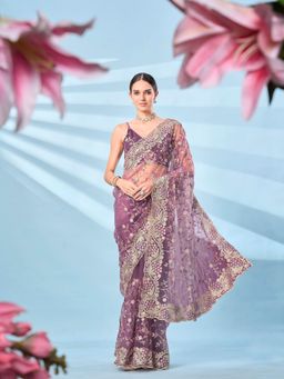 Tikhi Imli - Purple Embroidered Net Saree with Unstitched Blouse