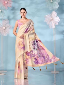 Tikhi Imli - Cream Designer Animal Print Satin Saree with Unstitched Blouse