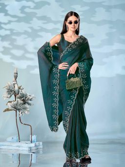 Tikhi Imli - Heavy Work Two Tone Green Satin Saree with Unstitched Blouse