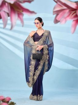 Tikhi Imli - Ombre Grey & Navy Blue Zari Embroidered Saree with Unstitched Blouse