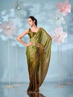 Tikhi Imli - Swaroski Border Two Tone Green Jimmy Choo Saree with Unstitched Blouse