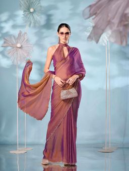 Tikhi Imli - Swaroski Border Two Tone Purple & Gold Satin Saree with Unstitched Blouse
