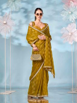 Tikhi Imli - Embellished Border Checks Mustard Jimmy Choo Saree with Unstitched Blouse