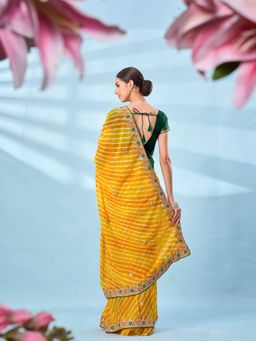 Tikhi Imli - Yellow Leheriya Printed Embroidered Saree with Unstitched Blouse