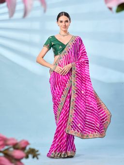 Tikhi Imli - Pink Leheriya Printed Embroidered Saree with Unstitched Blouse