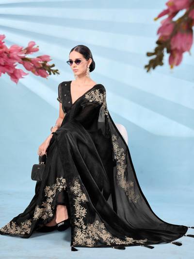 Tassels Black Zari Embroidered Designer Saree with Unstitched Blouse