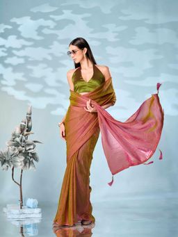 Tikhi Imli - Tassels Two Tone Pink Woven Saree with Unstitched Blouse