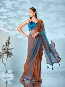 Tikhi Imli - Tassels Two Tone Teal Woven Saree with Unstitched Blouse