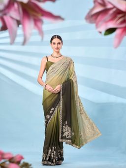 Tikhi Imli - Ombre Green & Olive Green Embroidered Saree with Unstitched Blouse