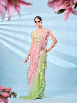 Tikhi Imli - Ombre Pink Embroidered Saree with Unstitched Blouse