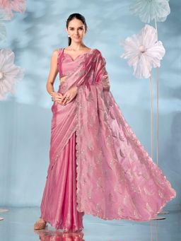 Tikhi Imli - Two Tone Pink & Gold Embroidered Saree with Unstitched Blouse