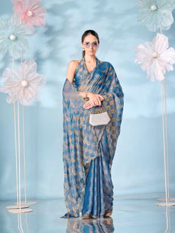 Tikhi Imli - Checks Two Tone Blue Emboidered Saree with Unstitched Blouse