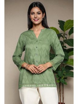 W - Womens Green Yarn Dyed Printed Pure Cotton Straight Top