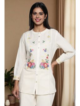 W - Womens Off White Embroidered Pure Cotton Straight Top