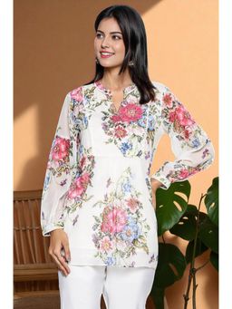 W - Womens White Floral Printed Chiffon Straight Top