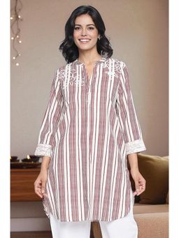 W - Womens Off White Printed Cotton Flax Straight Tunic