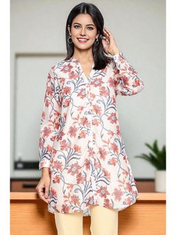 W - Womens Walnut Beige Floral Printed Chanderi Straight Tunic