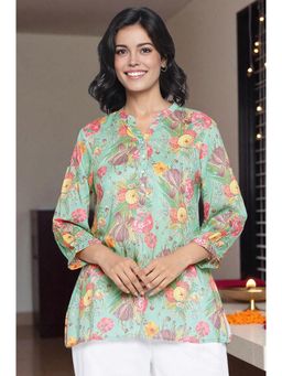 W - Womens Green Floral Printed Modal Straight Top