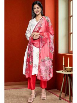 W - Womens Crimson Red Printed Chiffon Dupatta
