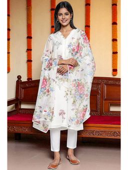 W - Womens Ecru Printed Organza Dupatta