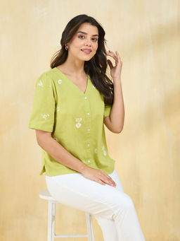 Fabindia - Women Green V-Neck Top
