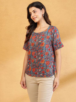 Fabindia - Women Aqua Round Neck Top