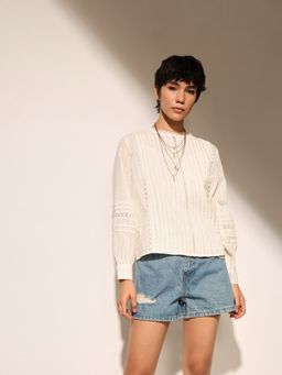 ONLY - Women White Round Neck Top