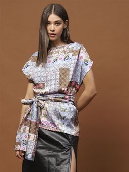 Sera - Women Blue Boat Neck Top with Belt (Set of 2)