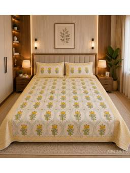 House of Gulab - Yellow Super King Size Kantha Bedcover With 2 Pillow Covers