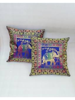 House of Gulab - Multicolor Set of 2 Banarasi Zari Cushion Cover 16X16 Inches
