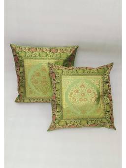 House of Gulab - Green Set of 2 Banarasi Zari Cushion Cover
