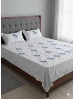 House of Gulab - White Embroidered Bedsheet Set With 2 Quilted Pillow Covers (108 multiplication 108)