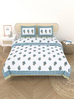 House of Gulab - White Floral Printed King Bedsheet With Quilt And 2 Pillow Covers