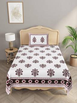 House of Gulab - White Cotton Floral Print Single Bedsheet With 1 Pillow Cover