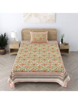 House of Gulab - Cotton Floral Print Single bedsheet with 1 Pillow Cover