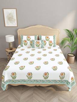 House of Gulab - White Quilted Floral Printed Reversible Bedcover with 2 Pillow Covers