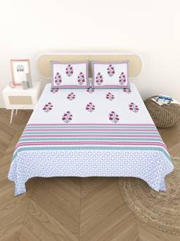 House of Gulab - Extra Soft Percale Cotton Super King Handblock Print Bedsheet with 2 Pillow Covers