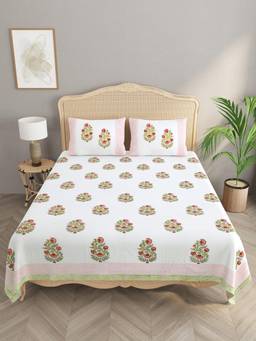 House of Gulab - Extra Soft Percale Cotton Super King Handblock Print Bedsheet with 2 Pillow Covers