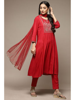 Biba - Womens Red Printed Rayon Gathered Suit (Set of 3)