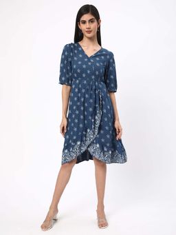 R&B - Rayon Wrap Floral Print Ruffled Hem Blue Knee Length Dress