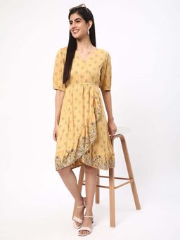 R&B - Rayon Wrap Floral Print Ruffled Hem Yellow Knee Length Dress