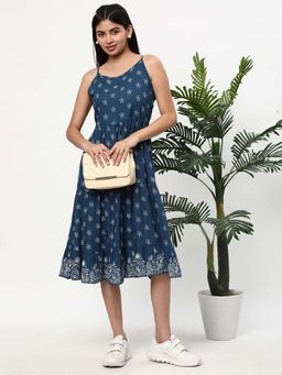 R&B - Rayon Tiered Printed Calf-Length Ruffled Hem Blue Midi Dress