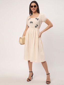 R&B - Rayon Fit and Flare Embroidered Smocked Beige Women Midi Dress
